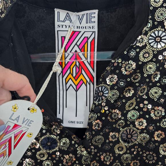 La Vie Style House Gold Deco Sequin Caftan Black Flared Sleeve Mini OSFM NWT - Picture 7 of 13